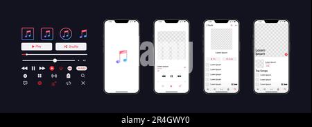 Apple music mockup. Music app. Application template on Iphone mockup. Subscription music player. Profile, Song, Album, Playlist. Pause, note, search, Stock Vector