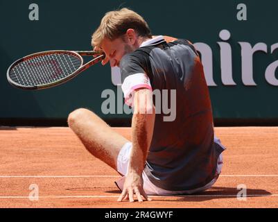 Paris, France. 28th May, 2023. Belgian David Goffin pictured during a men's singles first round game between Belgian Goffin and Polish Hurkacz at the Roland Garros French Open tennis tournament, in Paris, France, Sunday 28 May 2023. BELGA PHOTO BENOIT DOPPAGNE Credit: Belga News Agency/Alamy Live News Stock Photo