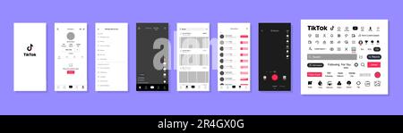Tik Tok interface. Tik Tok screen social media, social network interface template. Homepage, loading, recommendations, subscription, profile. Stream, Stock Vector