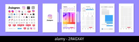 Instagram design. Set instagram screen social media and social network interface template. Instagram photo frame. Stories, liked, stream. Editorial ve Stock Vector
