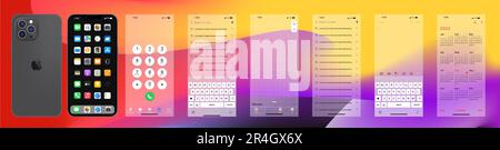 Iphone 13. Apple mockup. Apple interface. Apple apps. Phone navigation page. Calendar, notes, history, main menu. IOS call screen design concept. Edit Stock Vector