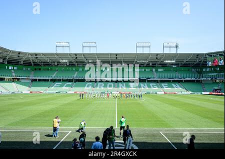 GRONINGEN - Attendance of both teams in an empty Euroborg stadium during the Dutch premier league game between FC Groningen and Sparta Rotterdam at the Euroborg stadium on May 28, 2023 in Groningen, Netherlands. ANP COR LASKER Stock Photo