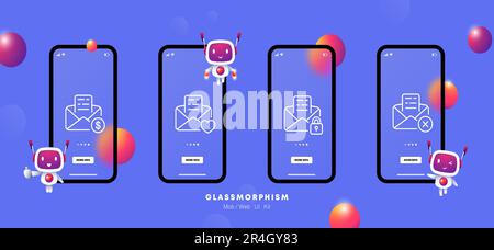 Secure email icon set. Shield, protection, encryption, security, mailbox. Privacy concept. Glassmorphism. UI phone app screen. Vector line icon for Bu Stock Vector