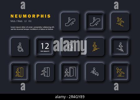 Traffic sign icon set. Symbols and arrows indicating different types of pedestrian crossings, crosswalks. Safety concept. Neomorphism style. Vector li Stock Vector
