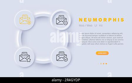 Letter icon set. Email, computer screen or mobile device displaying an email inbox or composing a new email Mail. Neomorphism style. Vector line icon Stock Vector
