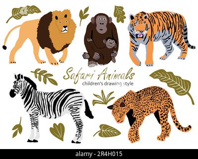 Vector illustration of cute wild safari African animals. Including , lion, leopard, zebra, tiger, monkey with cub Funny cartoon doodle characters in Stock Vector