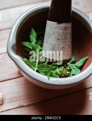 Basil in mortar and pestle Stock Photo