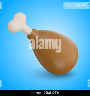 3D Render Of A Chicken Leg With Bone Fast Food. Junk Unhealthy Food. Bright Illustration In Cartoon, Plastic, Clay 3D Style. Isolated On A White Backg Stock Vector