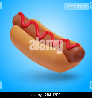 3D rendering of a hot dog with ketchup. Fast food. Fatty, unhealthy, unhealthy food. Bright Illustration in cartoon, plastic, clay 3D style. Isolated Stock Vector