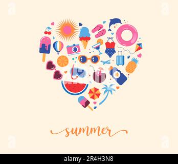 Summertime vibes heart design with cute summer beach doodles and icons. Feel the summer vector graphic elements collection. Stock Vector