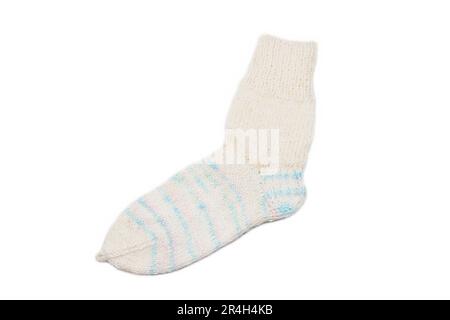 Knitted wool, handmade sock on a white background Stock Photo