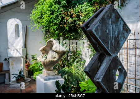 Square Forms (Two Sequences) 1963. Isopon and aluminium and other works - The Barbara Hepworth Museum and Sculpture Garden opereated by the Tate St Ives. Sunny weather for the bank holiday weekend in St Ives. Stock Photo