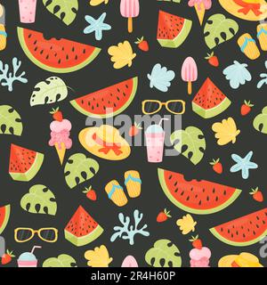 Summer seamless pattern with beach accessories and seashells and with pieces watermelon on black background. Vector illustration in flat cartoon style Stock Vector