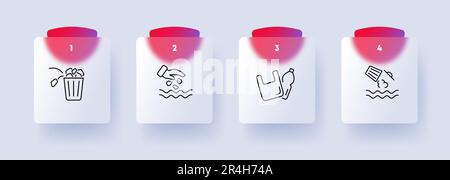 Eco-friendly waste icon set. Recycling bins, trash bags, composting, sorting, sustainability. Reducing waste. Glassmorphism style. Vector line icon fo Stock Vector