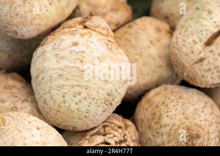 Celeriac (Apium graveolens), also called celery root, knob celery, and turnip-rooted celery displayed on a market stall. Narrow depth of field Stock Photo