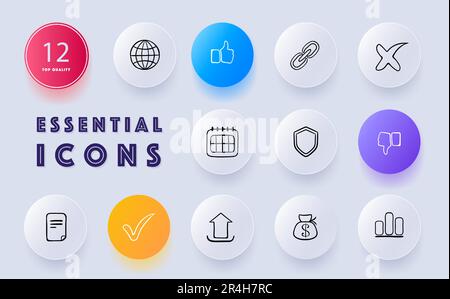 Assessment and evaluation icon set. Grading scale, test papers, performance analysis. Feedback. Neomorphism style. Vector line icon for Business and A Stock Vector