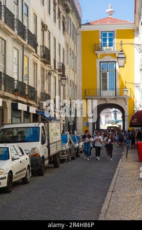 The narrow streets around the main square in Lisbon are filled with tourists Stock Photo