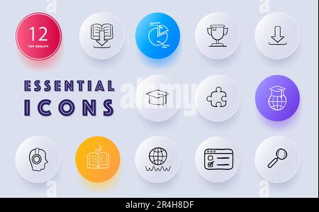 College education icon set. Classroom, textbooks, lectures, group study, academic growth. Higher learning. Neomorphism style. Vector line icon for Bus Stock Vector