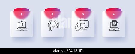 Scientific research online icon set. Virtual laboratories, data analysis, collaboration. Knowledge. Glassmorphism style. Vector line icon for Business Stock Vector