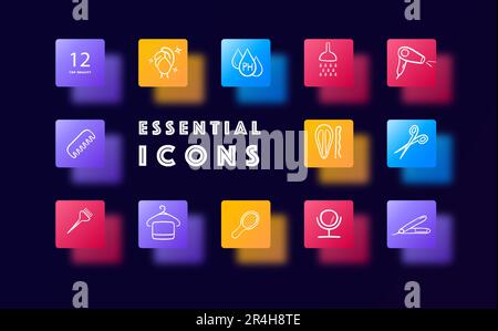 Hair salon icon set. Hairstyling, haircuts, hair treatments, professional stylists. Grooming services. Glassmorphism style. Vector line icon for Busin Stock Vector