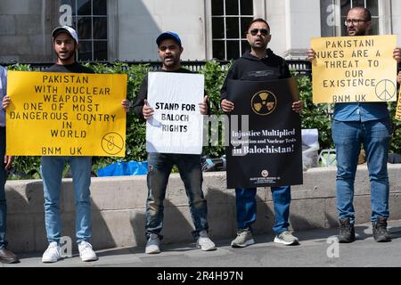 London, UK. 28 May, 2023. Baloch nationalists protest in Trafalgar Square against Pakistan, which they view as an occupying power in the western province of Balochistan . Credit: Ron Fassbender/Alamy Live News Stock Photo