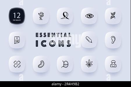 AIDS treatment icon set. Medical care, antiretroviral therapy, support. Quality of life. Neomorphism style. Vector line icon for Business and Advertis Stock Vector