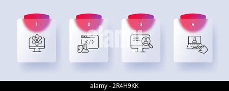 Scientific research online icon set. Virtual collaboration, data analysis, knowledge sharing. Academic community. Glassmorphism style. Vector line ico Stock Vector