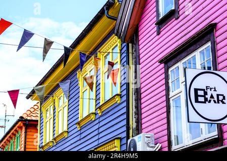 Stavanger, Rogaland, Norway, May 19 2023, Brightly Coloured Painted Traditional Wooden Building Exteriors Downtown Stavanger Shopping Area With No Peo Stock Photo
