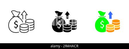 An illustration of a money bag with a dollar sign on it, representing wealth, finance, and money management. Vector set of icons in line, black and co Stock Vector