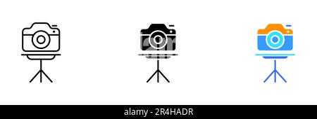 An illustration of a camera on a tripod, representing the concept of photography, creativity, and art. Vector set of icons in line, black and colorful Stock Vector