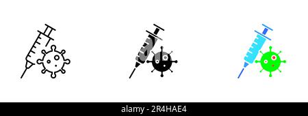 An illustration of a syringe with a virus icon, representing the concept of vaccination and disease prevention. Vector set of icons in line, black and Stock Vector
