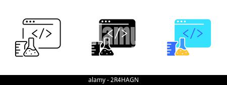 A monitor with test tubes icon. This icon represents laboratory work and scientific research. Vector set of icons in line, black and colorful styles i Stock Vector