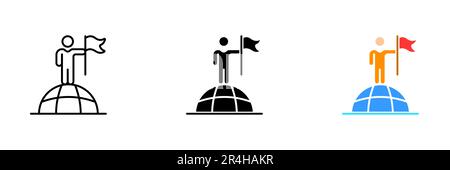 An illustration of a person standing on a planet and holding a flag, representing the concept of global citizenship and unity. Vector set of icons in Stock Vector