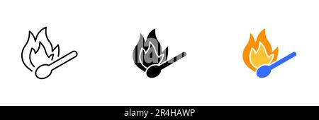An illustration of a burnt matchstick, representing the end of its usefulness and potential danger. Vector set of icons in line, black and colorful st Stock Vector
