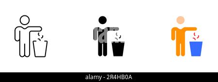 An illustration of a person throwing trash into a bin, representing proper waste disposal and environmental responsibility. Vector set of icons in lin Stock Vector
