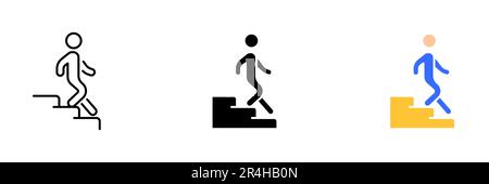 A vector illustration of a person descending stairs or steps. Vector set of icons in line, black and colorful styles isolated. Stock Vector