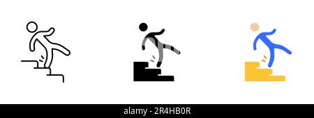 A vector illustration of a person descending stairs or steps. Vector set of icons in line, black and colorful styles isolated. Stock Vector
