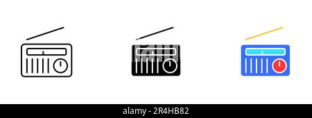 A vector illustration of a retro radio with knobs and antennas. Vector set of icons in line, black and colorful styles isolated. Stock Vector