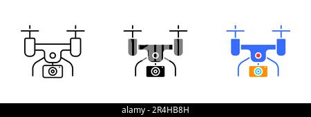 A vector illustration of a drone with a camera attached to it. Vector set of icons in line, black and colorful styles isolated. Stock Vector