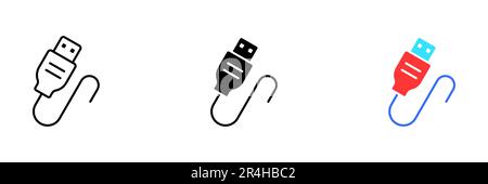 A vector illustration of a USB cable, which is a type of cable used for connecting electronic devices. Vector set of icons in line, black and colorful Stock Vector