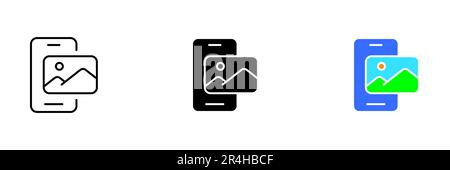 A vector illustration of a smartphone with a gallery icon, which represents the device's photo and video gallery. Vector set of icons in line, black a Stock Vector