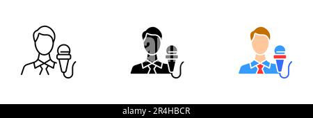 A vector illustration of a man holding a microphone, ready to speak or perform. Vector set of icons in line, black and colorful styles isolated. Stock Vector
