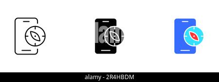 A smartphone with a compass icon on the screen, indicating that it has a built-in compass function. Vector set of icons in line, black and colorful st Stock Vector