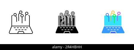 A laptop with a graphic of neural network nodes and connections displayed on the screen. Vector set of icons in line, black and colorful styles isolat Stock Vector