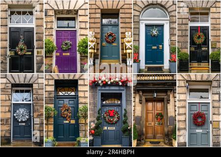 Composite of New Town Georgian townhouses front doors with Christmas wreaths, Edinburgh, Scotland, UK Stock Photo