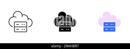A set of cloud icons with a server graphic, representing cloud computing and remote data storage. Vector set of icons in line, black and colorful styl Stock Vector