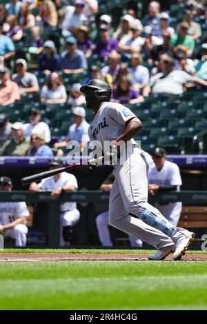 Miami Marlins designated hitter Jorge Soler (12) in the third inning of a  baseball game Thursday, May 25, 2023, in Denver. (AP Photo/David Zalubowski  Stock Photo - Alamy