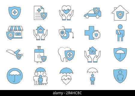 Insurance and assurance icon set. health insurance, travel, renters, life insurance. Two tone icon style design. Simple vector design editable Stock Vector