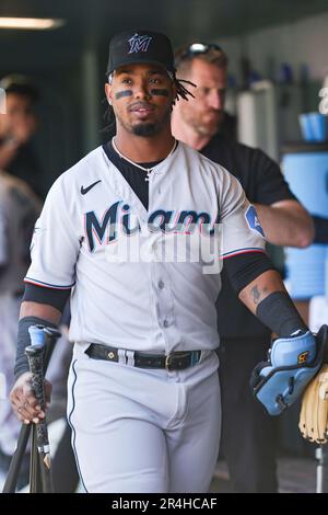 Miami Marlins third baseman Jean Segura (9) prepares for the game against  the Colorado Rockies. The Rockies defeated the Marlins 7-6 in Denver.  (Margaret Bowles via AP Images Stock Photo - Alamy