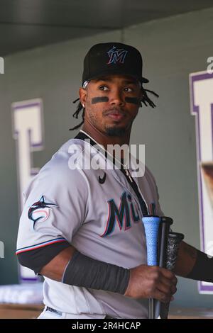 Miami Marlins third baseman Jean Segura (9) in the fifth inning of a  baseball game Thursday, May 25, 2023, in Denver. (AP Photo/David Zalubowski  Stock Photo - Alamy